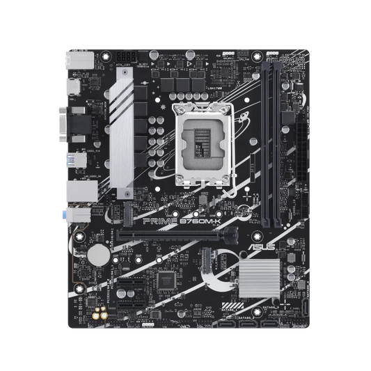 Asus Prime B760M-K,Intel® B760 LGA 1700 mATX motherboard with PCIe 4.0, two PCIe 4.0 M.2 slots, DDR5, Realtek 2.5Gb Ethernet, VGA, HDMI™, SATA 6 Gbps, front USB 3.2 Gen 1, Aura Sync-GC