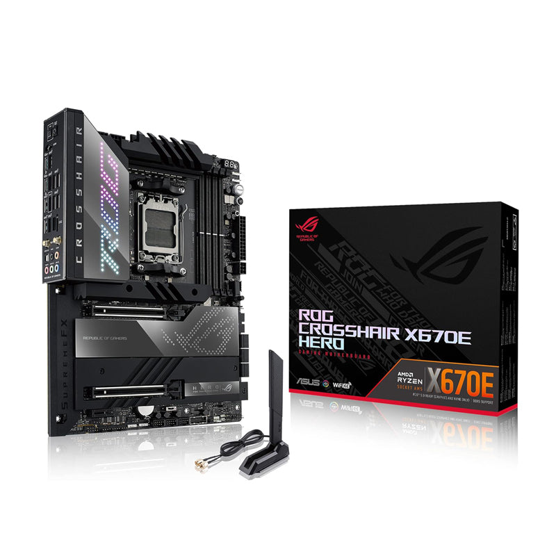 Asus ROG Crosshair X670E Hero AMD X670 AM5 Ryzen™ Desktop 9000 8000 & 7000 ATX Motherboard, 18 + 2 Power Stages, PCIe® 5.0, DDR5, 5X M.2 Slots, USB 3.2 Gen 2x2 with Quick Charge 4+, USB4®, Wi-Fi 6E-GC