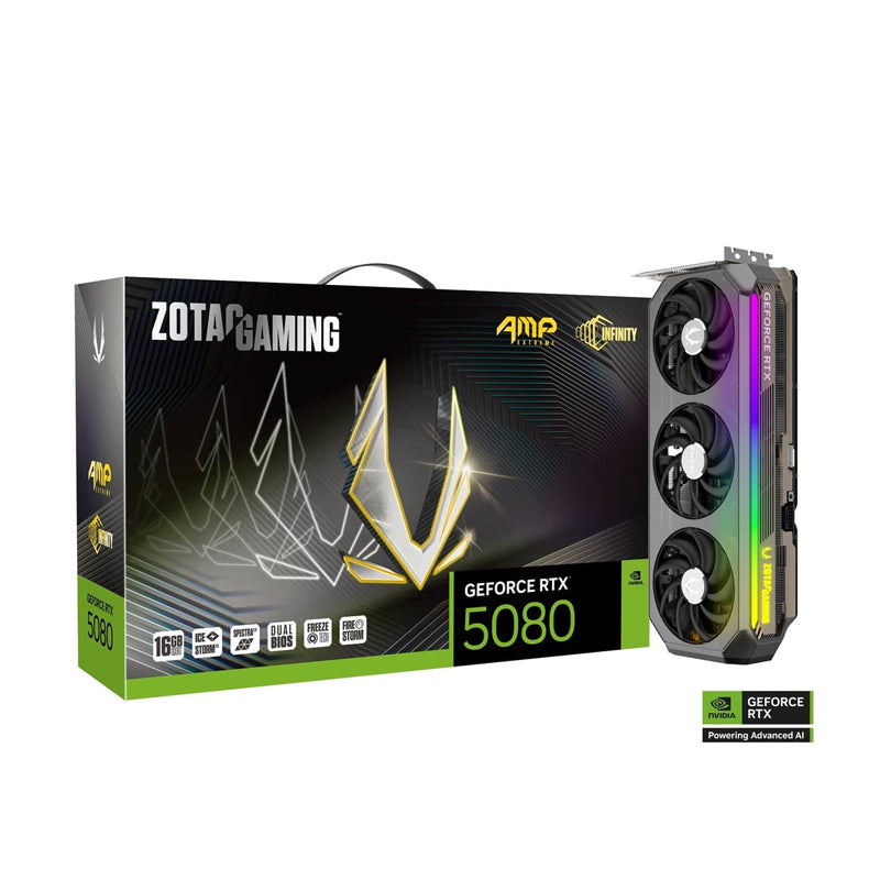 ZOTAC GAMING GeForce RTX 5080 AMP Extreme INFINITY Graphics Card, 16GB GDDR7 256-Bit Memory, 2670MHz Engine Clock, 30 Gbps Memory Clock, 10752 CUDA Cores, PCI Express 5.0 x16 | ZT-B50800B-10P