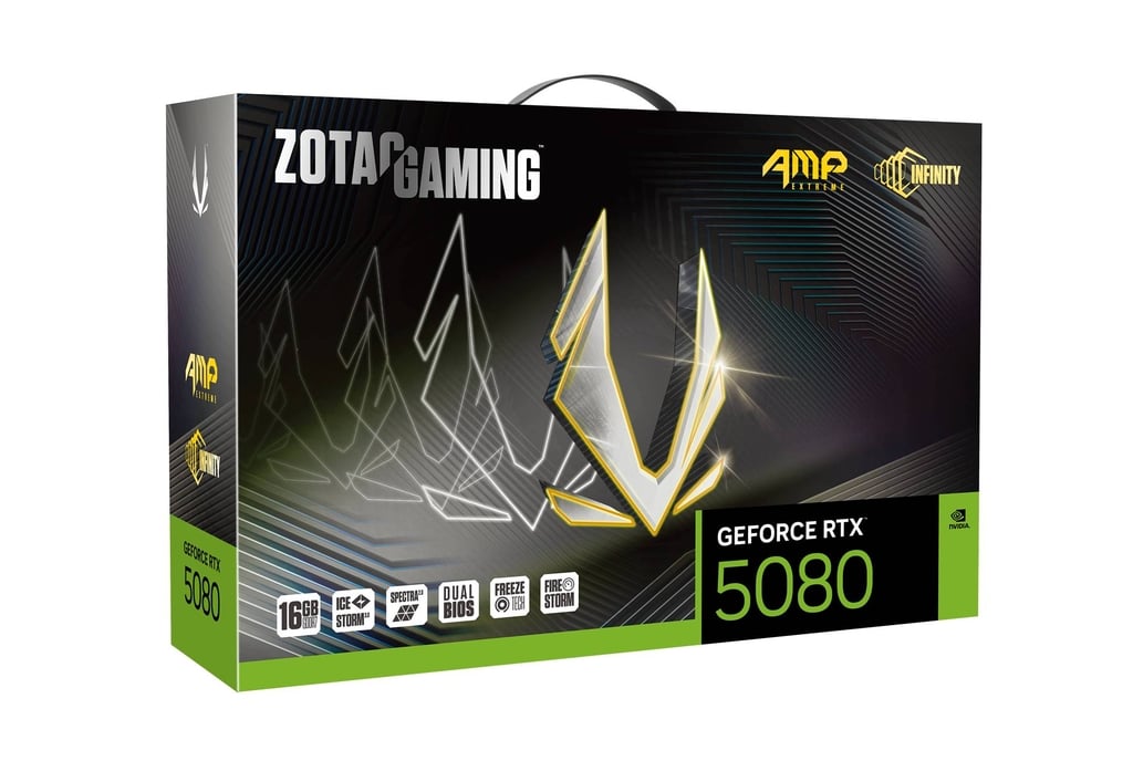 ZOTAC GAMING GeForce RTX 5080 AMP Extreme INFINITY Graphics Card, 16GB GDDR7 256-Bit Memory, 2670MHz Engine Clock, 30 Gbps Memory Clock, 10752 CUDA Cores, PCI Express 5.0 x16 | ZT-B50800B-10P