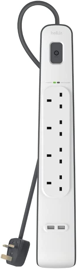 Belkin 4 Way/4 Plug Surge Protection Strip With 2 Meters Cord Length - Heavy Duty Electrical Extension Socket With 2 X 2.4 A Shared USb Ports - Games Corner