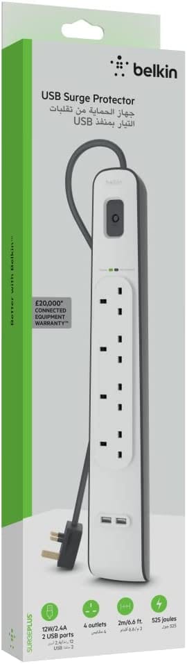 Belkin 4 Way/4 Plug Surge Protection Strip With 2 Meters Cord Length - Heavy Duty Electrical Extension Socket With 2 X 2.4 A Shared USb Ports - Games Corner