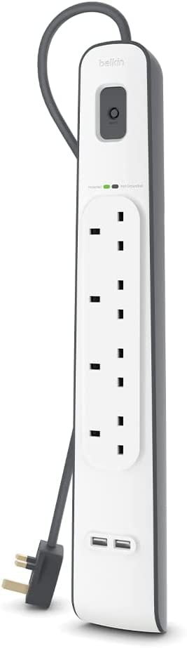 Belkin 4 Way/4 Plug Surge Protection Strip With 2 Meters Cord Length - Heavy Duty Electrical Extension Socket With 2 X 2.4 A Shared USb Ports - Games Corner