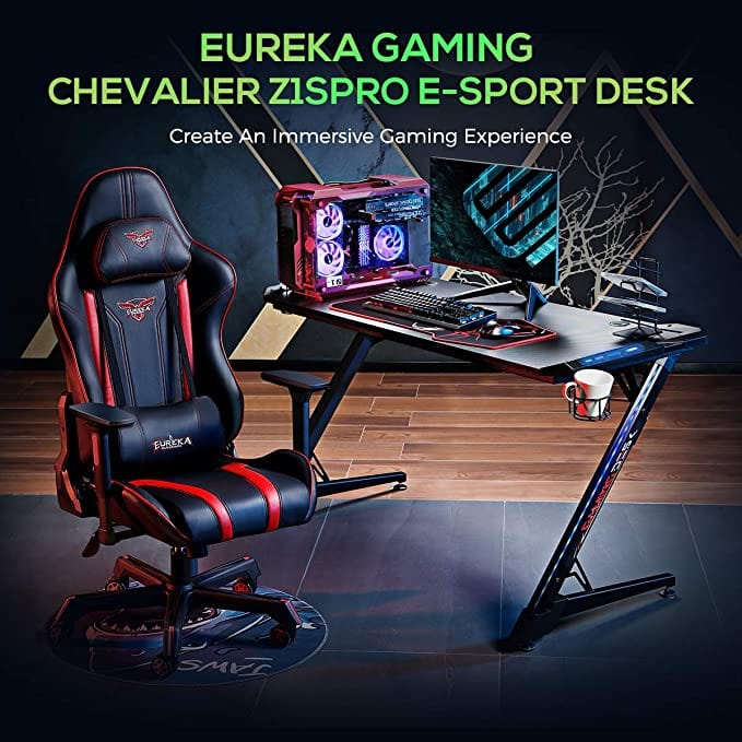 Eureka Ergonomic® Z1-S PRO Home Office Gaming Table With RGB Lights, Controller Stand, Cup Holder & Headphone Hook - Black | ERK-Z1S-PRO-43B-V2 - Games Corner