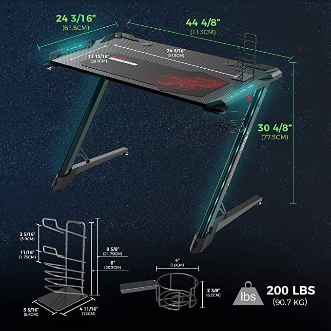 Eureka Ergonomic® Z1-S PRO Home Office Gaming Table With RGB Lights, Controller Stand, Cup Holder & Headphone Hook - Black | ERK-Z1S-PRO-43B-V2 - Games Corner