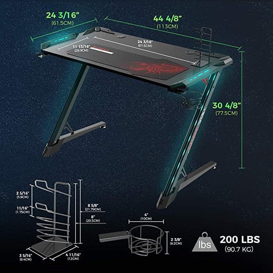 Eureka Ergonomic® Z1-S PRO Home Office Gaming Table With RGB Lights, Controller Stand, Cup Holder & Headphone Hook - Black | ERK-Z1S-PRO-43B-V2 - Games Corner