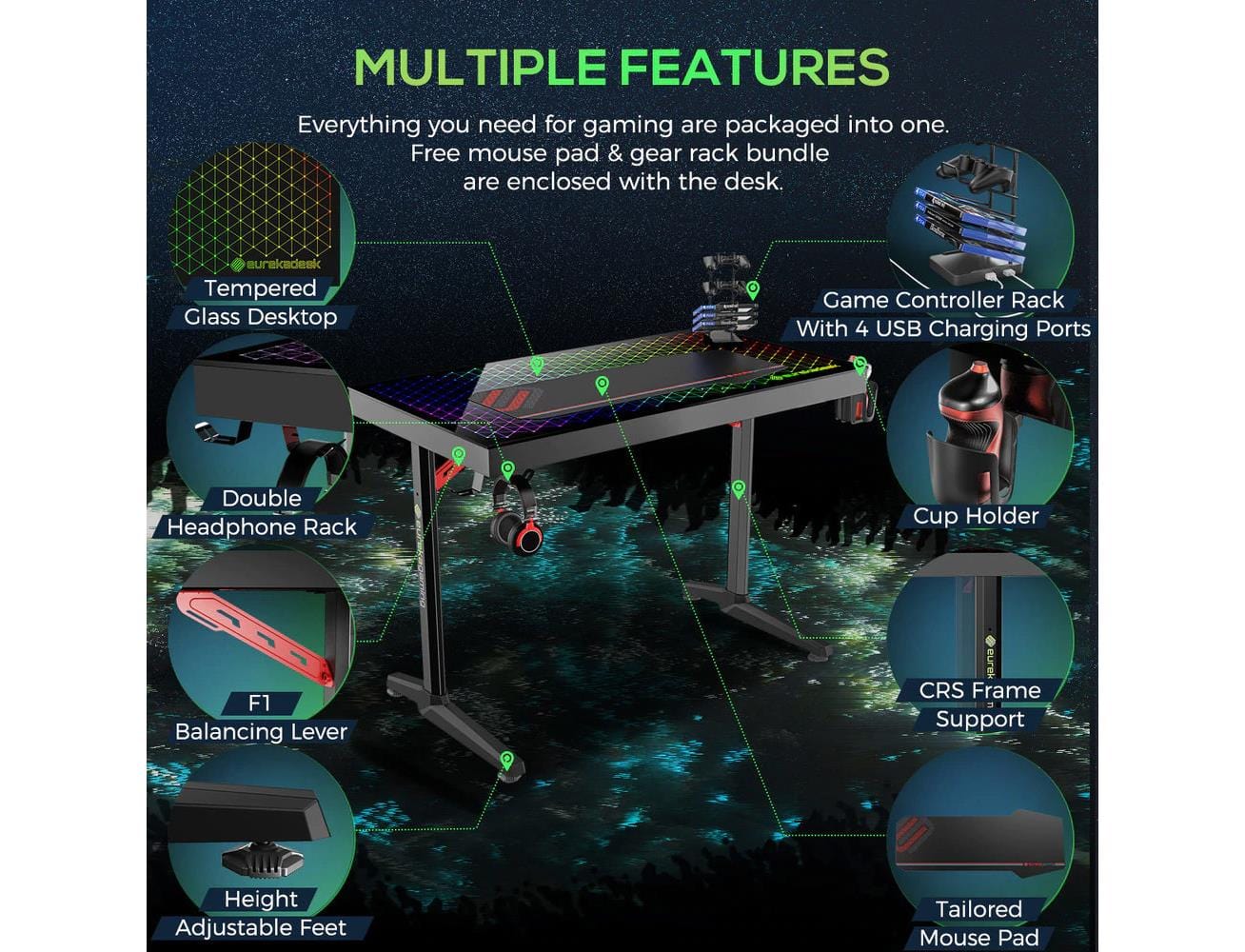 Eureka Gaming General Series GTG-I43 Desk With Glass Desktop - Games Corner