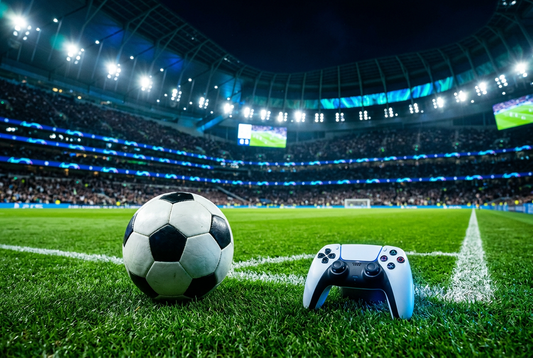 Football and gaming controller on a floodlit stadium pitch, a conceptual illustration for the FC 27 PlayStation buying guide.