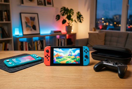 Conceptual Nintendo-themed handheld gaming consoles with colourful controllers, a travel case and gaming accessories.