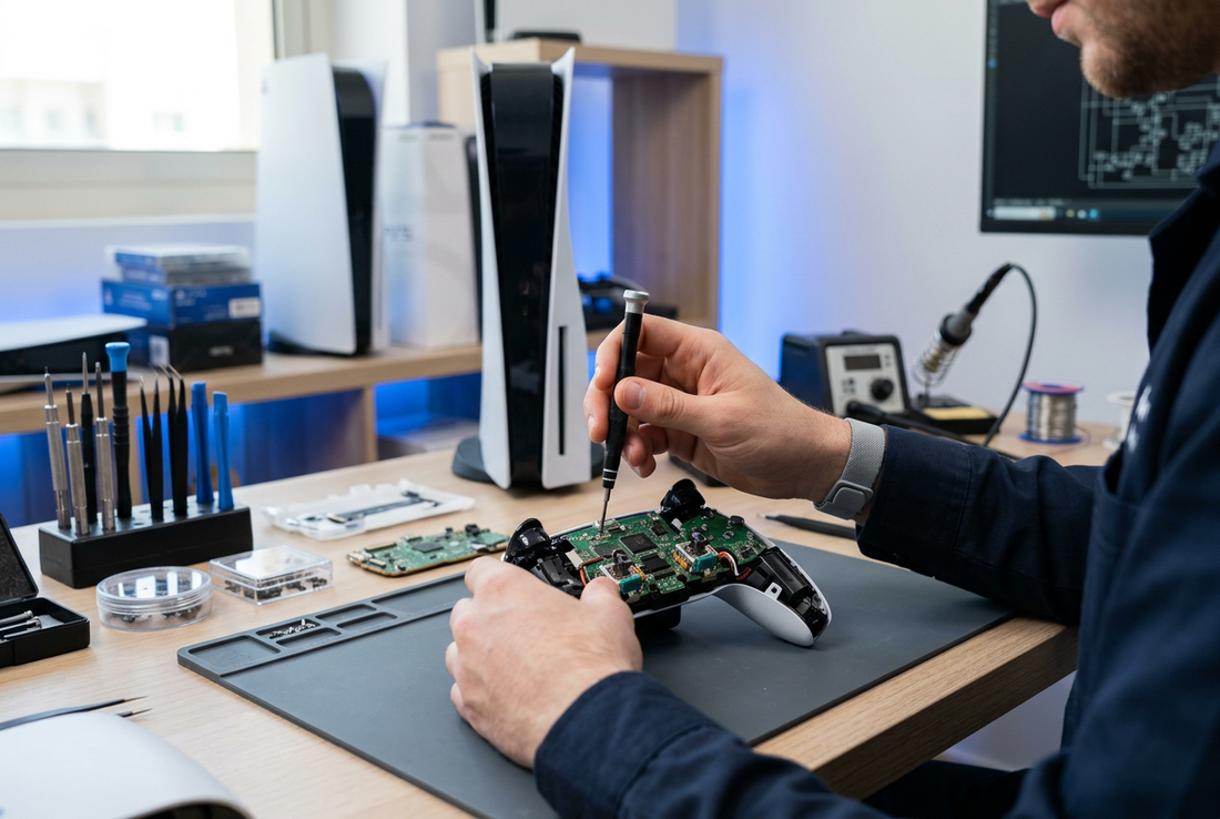 Conceptual illustration of PlayStation console and controller repair at an electronics workbench.