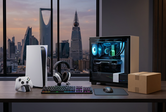 Conceptual gaming store illustration featuring consoles, gaming accessories, a PC and a delivery parcel with a Riyadh-inspired backdrop.