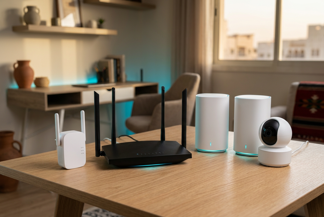 Conceptual home networking setup with a Wi-Fi router, range extender, mesh units and a smart camera.