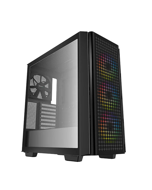 DeepCool CG540 Mid Tower Tempered Glass Side & Front Window Panel Case, 175mm, Addressable RGB LED Fans, 2xUSB 3.0, ATX PS2, Black.