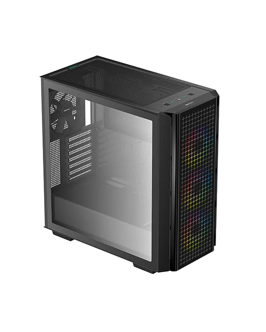 DeepCool CG540 Mid Tower Tempered Glass Side & Front Window Panel Case, 175mm, Addressable RGB LED Fans, 2xUSB 3.0, ATX PS2, Black.