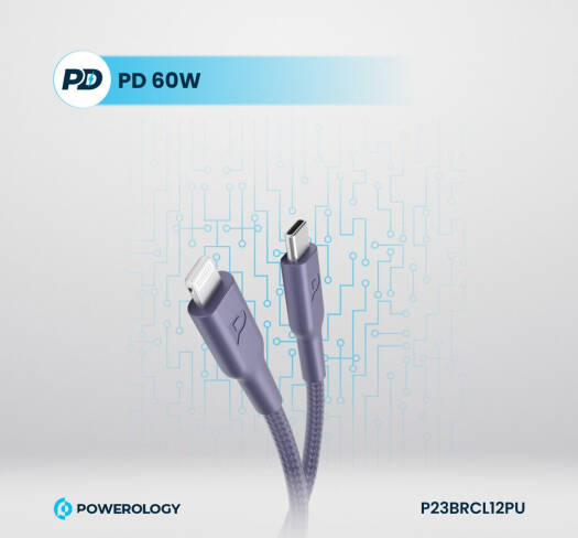 Powerology New Braided Type-C to Lightning Cable, 1.2M Length, PD 60W, 30000+ Bends, Fast Charging,P23BRCL12PU