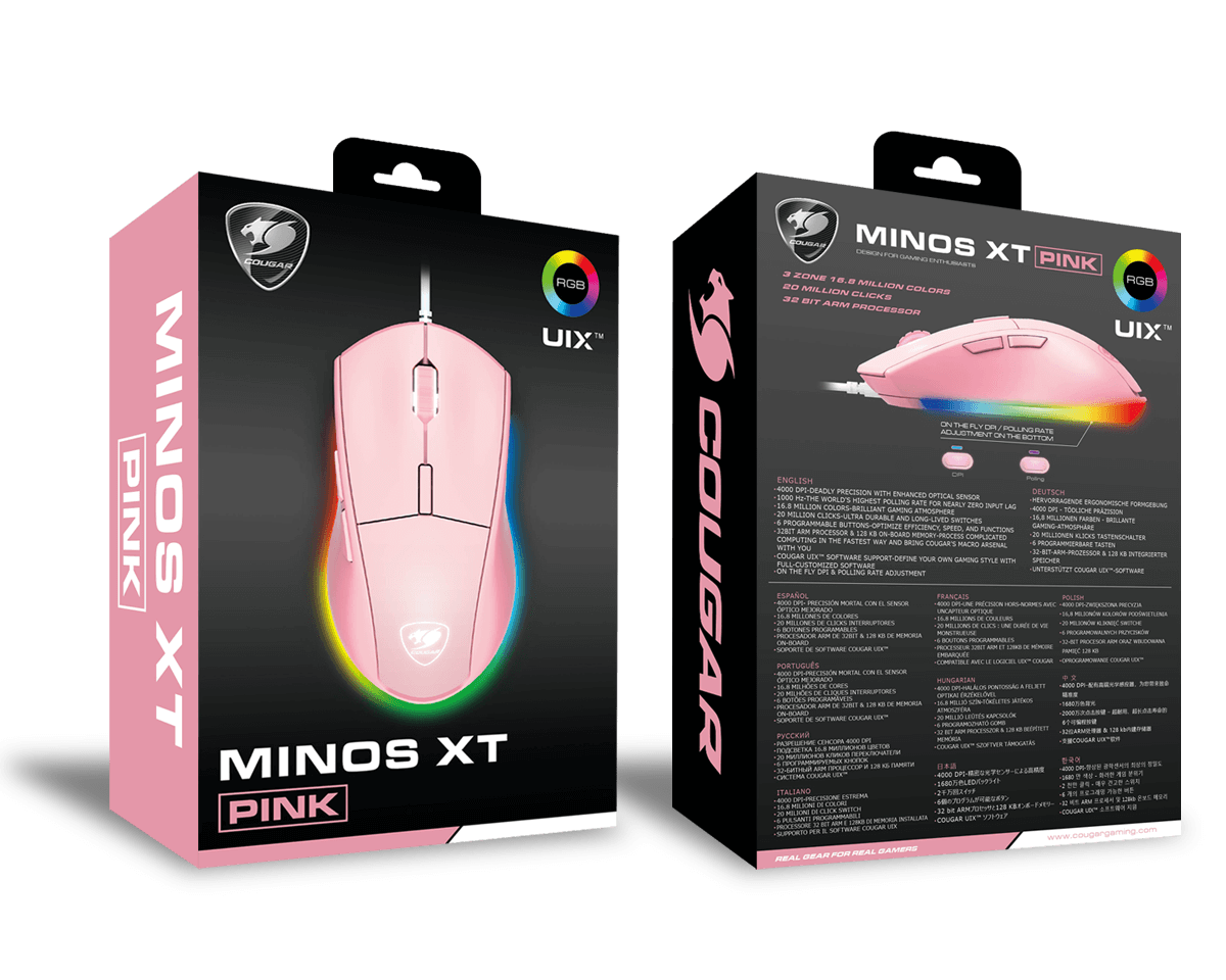 Cougar Minos XT Gaming Mouse, Six Fully Customizable Buttons, 4000 DPI, 3 zone 16.8 million colors, ADNS-3050 Optical - Pink