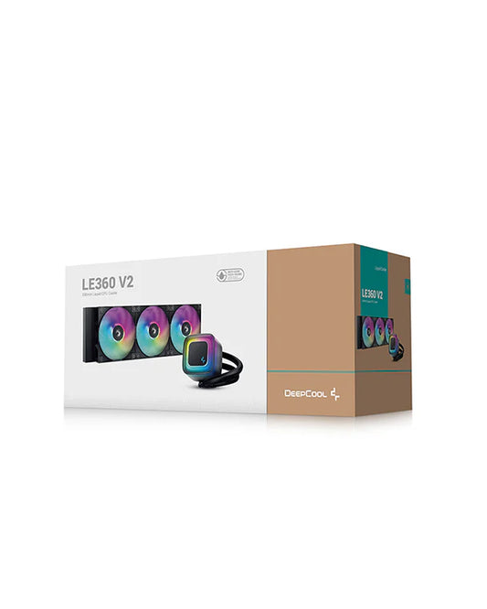 DeepCool LE360 V2 Liquid CPU Cooler, 360mm Radiator, 3x 120mm Pre-Installed aRGB Fan, 2100 RPM Fan Speed, 75.89 CFM Fan Airflow, Hydro Bearing Type, Anti-Leak Technology, Black