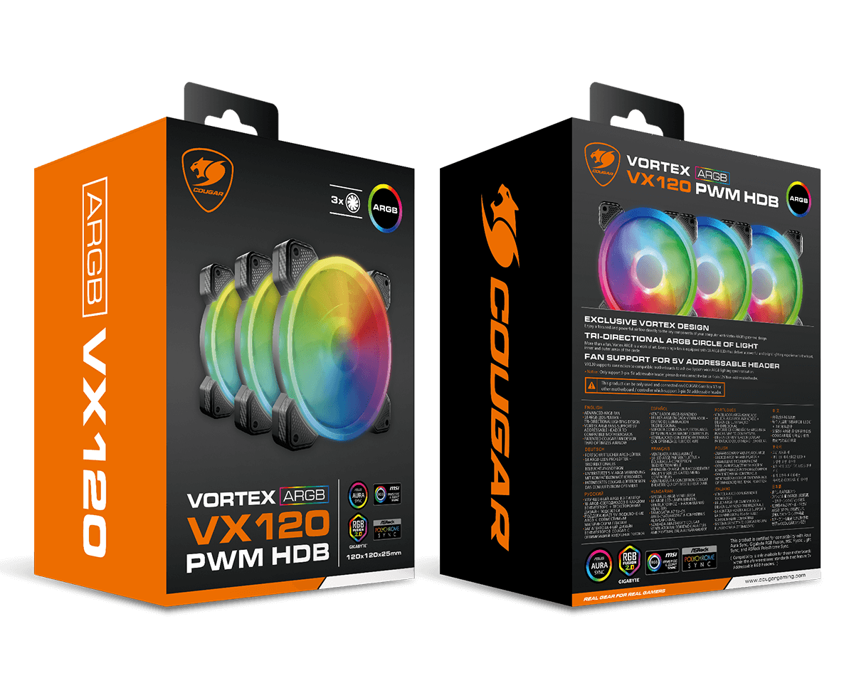 Cougar Vortex ARGB VX 120 ARGB Case Fan, Dynamic HDB Rearing, Anti-Vibration Damper, ARGB SYNC with Motherboard Lighting Software - Black