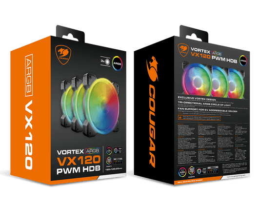 Cougar Vortex ARGB VX 120 ARGB Case Fan, Dynamic HDB Rearing, Anti-Vibration Damper, ARGB SYNC with Motherboard Lighting Software - Black