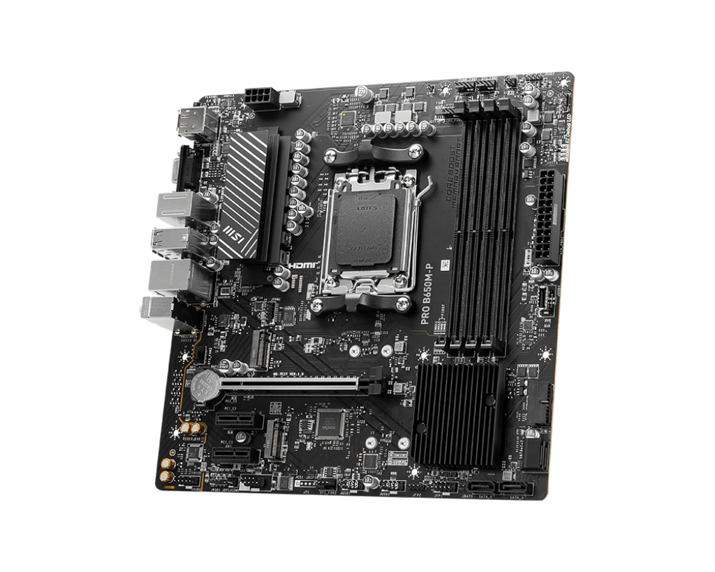 Msi Pro B650M-P AM5 mATX Motherboard, AMD B650 Chipset, 4x DDR5 Slots, 192GB Max Memory, 1x PCI-E x16, 2x M.2 Storage Slot, 4x SATA 6G, Realtek 8125BG 2.5G LAN, HDMI / DP / VGA