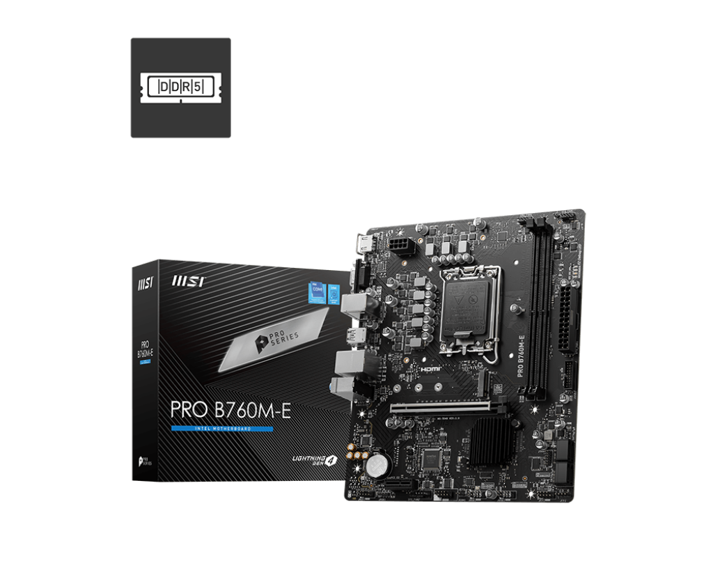 Msi PRO B760M-E, Micro-ATX Motherboard, Supports 14th/13th/12th Gen Intel Core Processors, LGA 1700 - DDR5 Memory Boost 5600MHz, PCIe 4.0 x16 Slot, M.2 Gen4 Slot