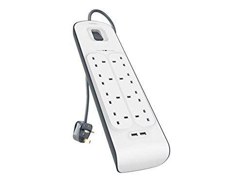 Belkin 8 Way/8 Plug Surge Protection Strip With 2 Meters Cord Length - Heavy Duty Electrical Extension Socket With 2 X 2.4 A Shared USB Ports