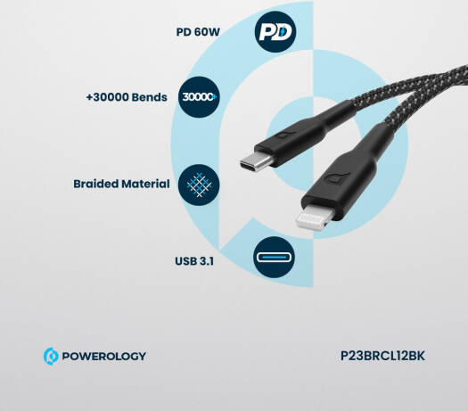 Powerology New Braided Type-C to Lightning Cable, 1.2M Length, PD 60W, 30000+ Bends, Fast Charging, P23BRCL12BK