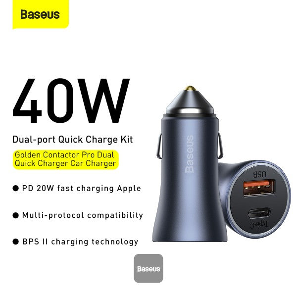 Product  Product   Product   Product   Product   Product   Product Baseus Golden Contactor Pro Dual Quick Charger Car Charger USB and Type C 40W - Dark Gray