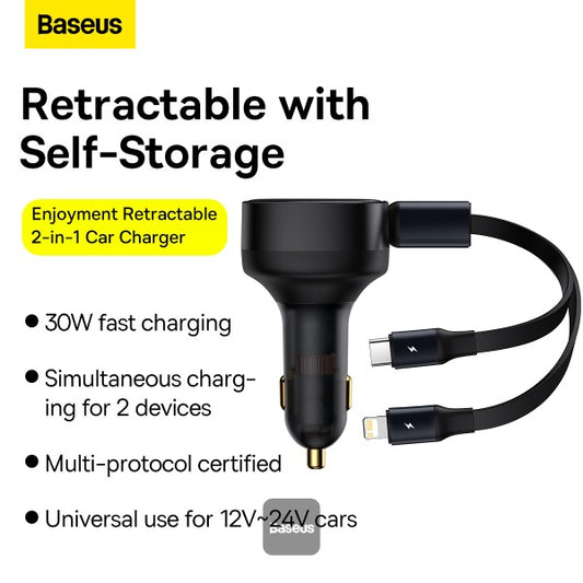 Baseus Enjoyment Retractable 2-in-1 Car Charger C+L 30W Black