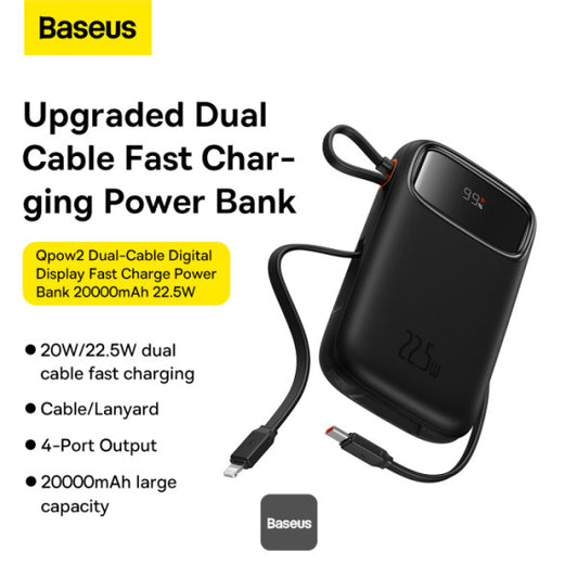 Baseus QPow2 20000mAh Digital Display Fast Charge Power Bank 22.5W With Built-in Dual-Cable Lightning And Type-C - Black