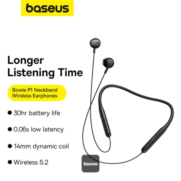 Baseus Bowie P1 Neckband Wireless Earphones - 30H Playtime, V5.2 Bluetooth Headphones, Magnetic In-Ear Earbuds, IPX5 Waterproof - Black