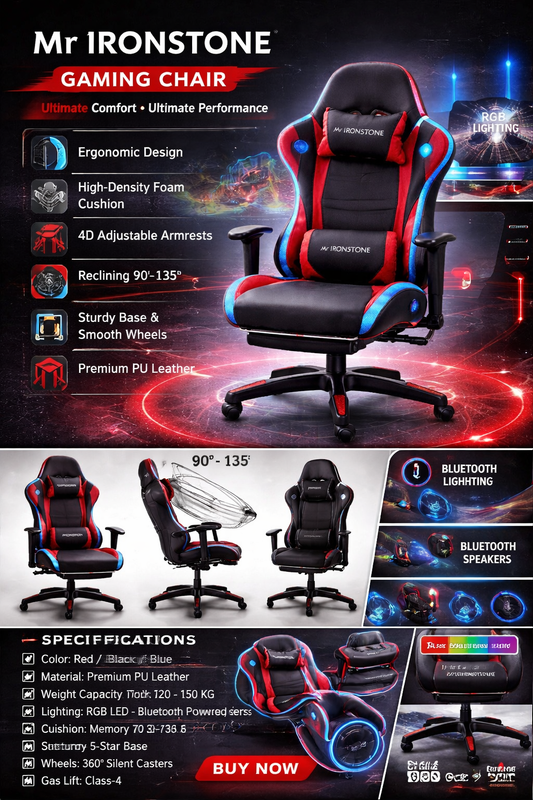 RGB Gaming Chair with Bluetooth Speakers – Ergonomic Racing Style (Black/Red) Games Corner 