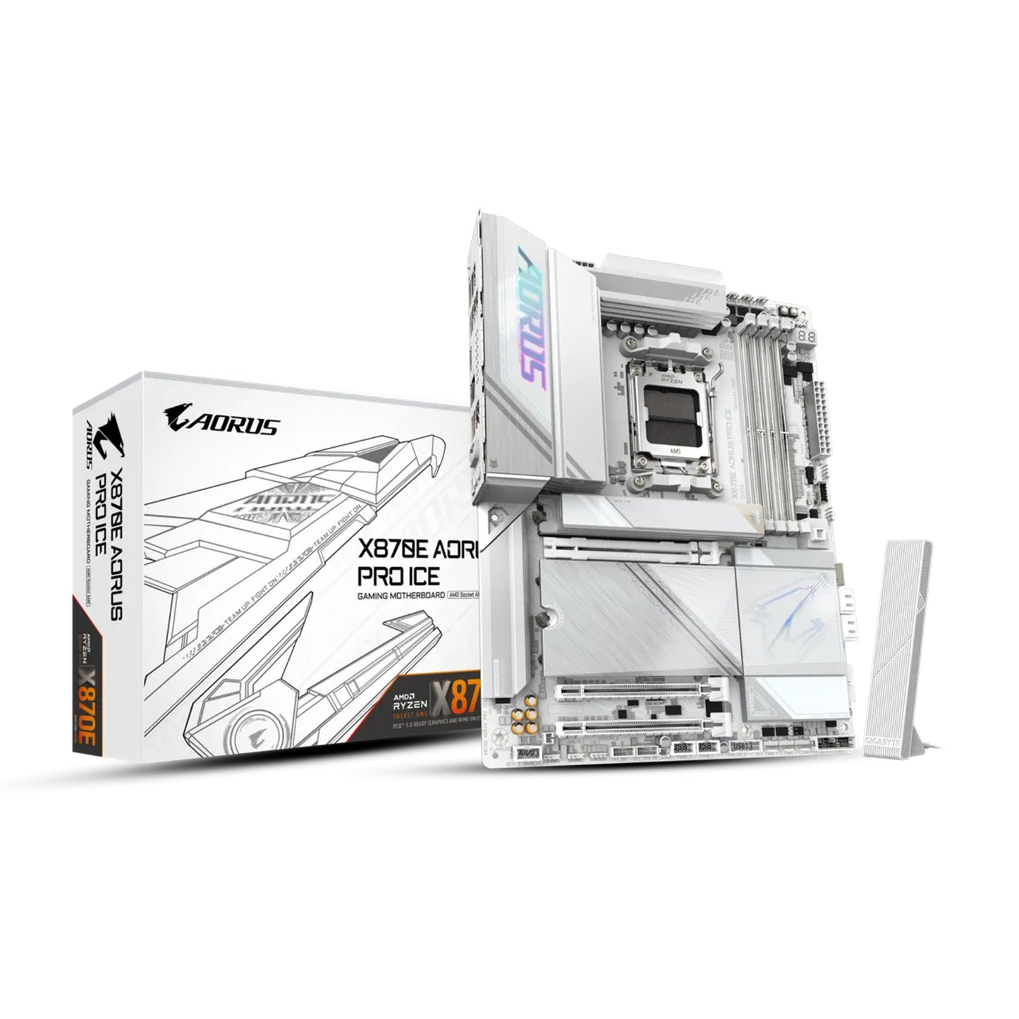 GIGABYTE X870E AORUS PRO ICE ATX Motherboard, AMD X870E Chipset, 4 x DDR5 DIMM Slots, Up to 256GB Memory, Wi-Fi 7 & Bluetooth 5.3, 1 x PCIe 5.0 x16, 4 x M.2 Slots