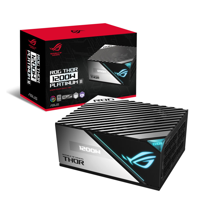 Asus Rog Thor 1200W Platinum II ATX Power Supply Unit, 80Plus Platinum Efficiency, ARGB Aura Sync, 100-240Vac AC Input Range, 1200W Total Output.