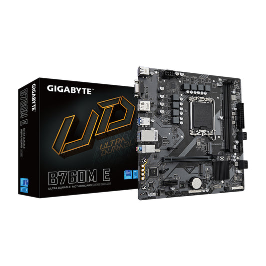 GIGABYTE B760M E DDR5 LGA1700 Micro ATX PC Case, Intel B760 Chipset, 2 x DDR5 DIMM / Up to 92GB Support, PCIe 4.0, 4* M.2, Realtek GbE LAN, HDMI / D-Sub / DP, USB-C