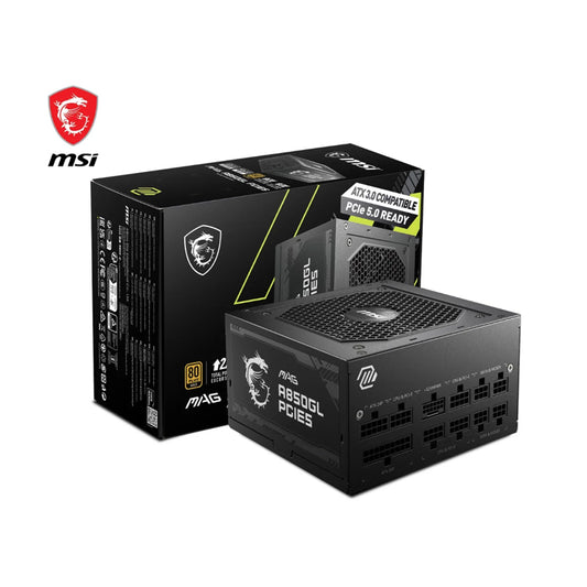 MSI MAG A850GL PCIE5 850W Modular Power Supply, Intel ATX12V Version 3.0, 120mm Cooling Fan, 80 Plus Gold Efficiency Rating, 4 x PCIe 6+2-Pin Connectors, 8 x SATA Connectors, Black-GC