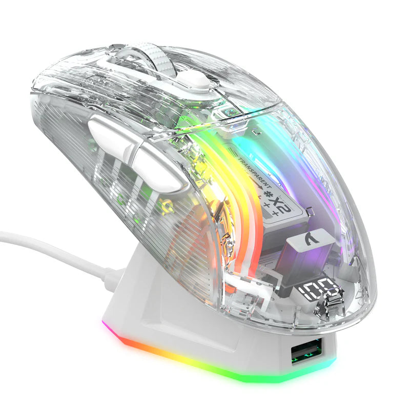 ATTACK SHARK X2 PRO Wireless Semi-Transparent Black Gaming Mouse with RGB Magnetic Charging Dock,Tri-Mode (BT/2.4G/Wired)-White