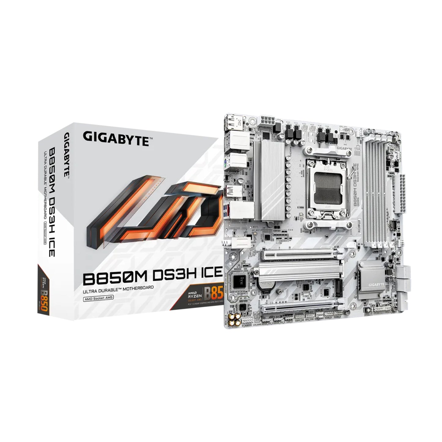 GIGABYTE B850M DS3H ICE AM5 M-ATX Motherboard, AMD B850 Chipset, 4x DDR5 DIMM Slots, Up to 256GB Max Memory, 1x PCIe 5.0 x16, 2x M.2 Slots, White