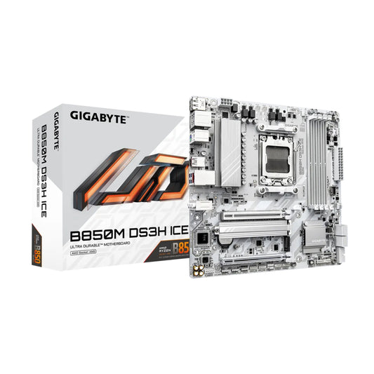 GIGABYTE B850M DS3H ICE AM5 M-ATX Motherboard, AMD B850 Chipset, 4x DDR5 DIMM Slots, Up to 256GB Max Memory, 1x PCIe 5.0 x16, 2x M.2 Slots, White
