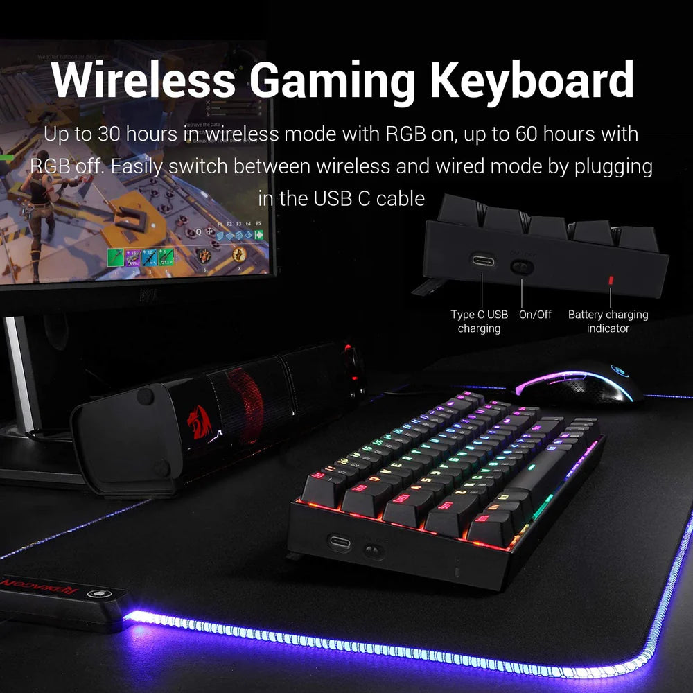 Redragon DEIMOS K599 - TKL 2.4G+Wired RGB Mechanical Red Switch Keyboard