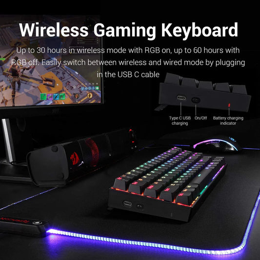 Redragon DEIMOS K599 - TKL 2.4G+Wired RGB Mechanical Red Switch Keyboard