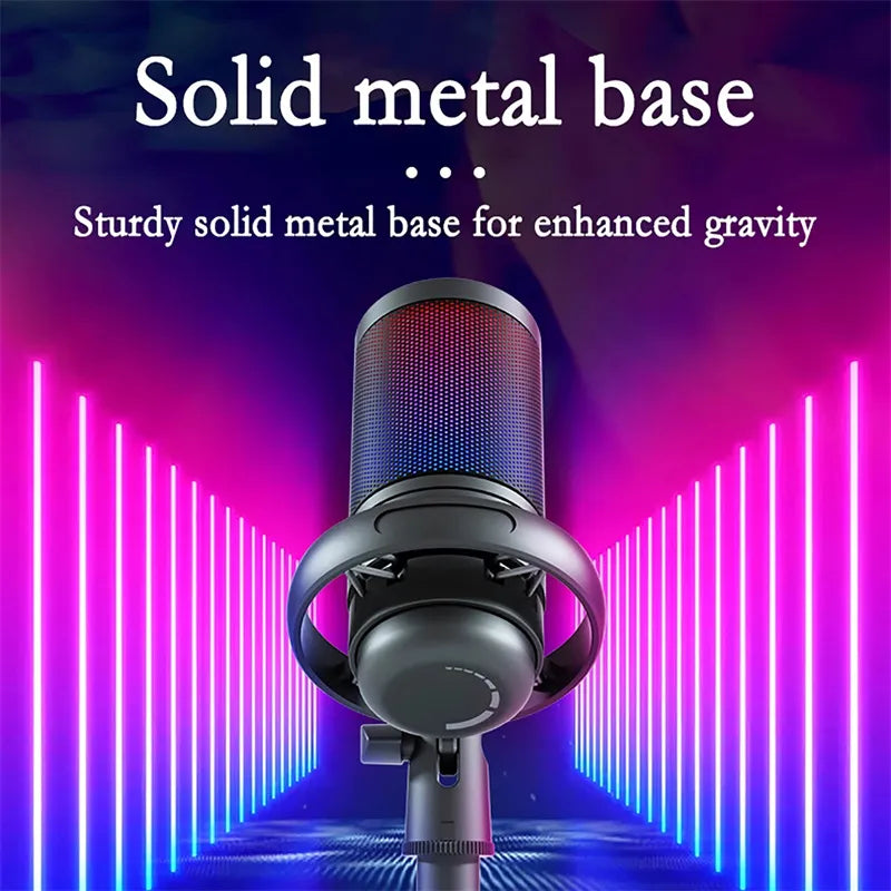USB Gaming Microphone for PC with RGB Lighting, Mute Button & Gain Knob — Condenser Mic with Solid Base Stand-White