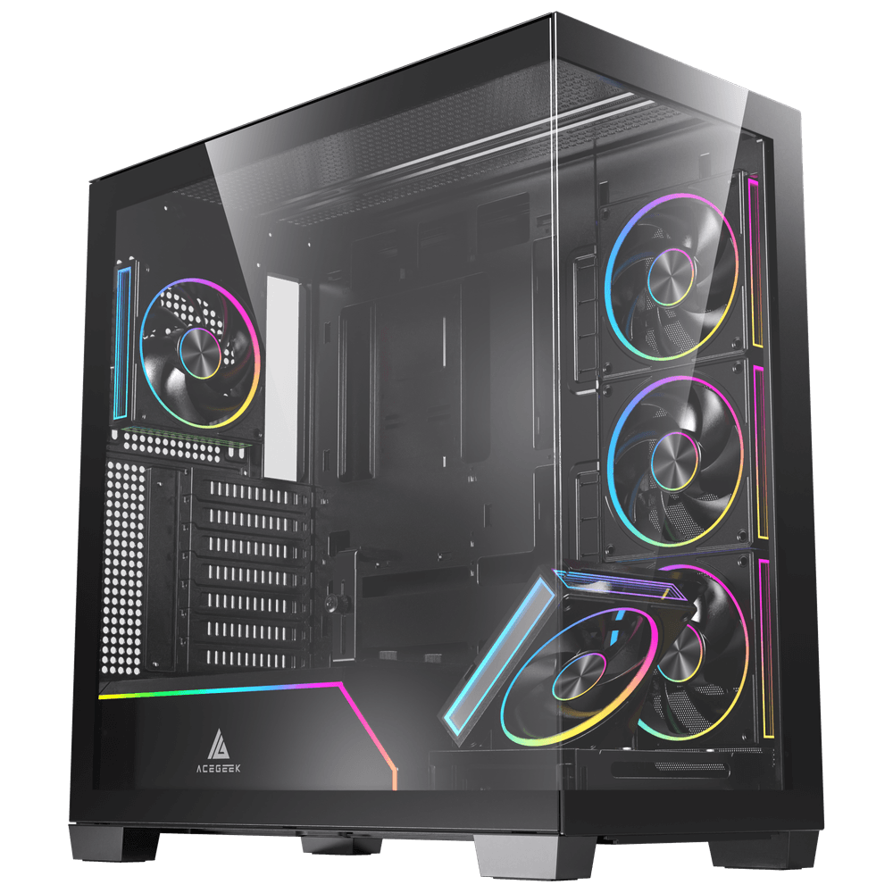 ACEGEEK Nebula Pro Black ATX Mid-Tower Gaming Case, Tempered Glass, 5× Pre-Installed RGB Fans ATX/M-ATX/ITX Motherboard Compatible – AG-NEBULA-PRO-BK