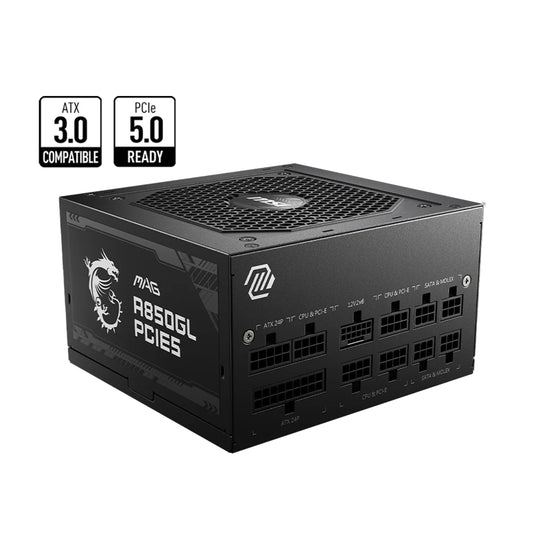 MSI MAG A850GL PCIE5 850W Modular Power Supply, Intel ATX12V Version 3.0, 120mm Cooling Fan, 80 Plus Gold Efficiency Rating, 4 x PCIe 6+2-Pin Connectors, 8 x SATA Connectors, Black-GC