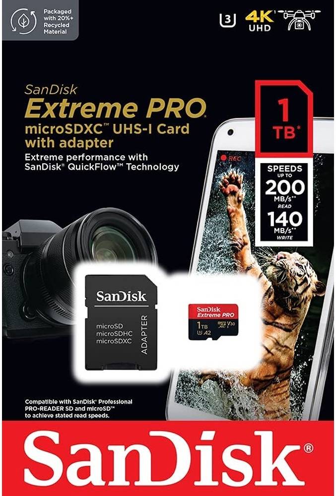 SanDisk 1 TB Extreme PRO microSDXC UHS-I CARD, Up to 200MB/s Read Speed, 140MB/s WRITE Speed, 4K Video on Smartphones, Compatible with microSDHC, microSDXC, microSDHC UHS-I | SDSQXCD-1T00-GN6MA