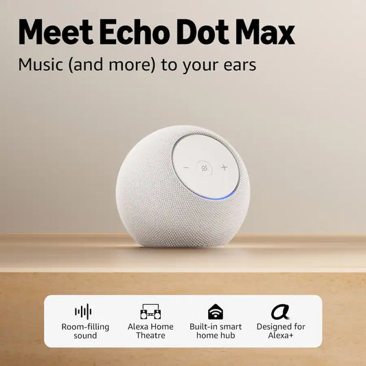 Amazon Echo Dot Max (Newest Model) – Alexa Smart Speaker with Room-Filling Sound, 3x Bass, Built-in Smart Home Hub & Alexa+ (Glacier White) Games Corner 