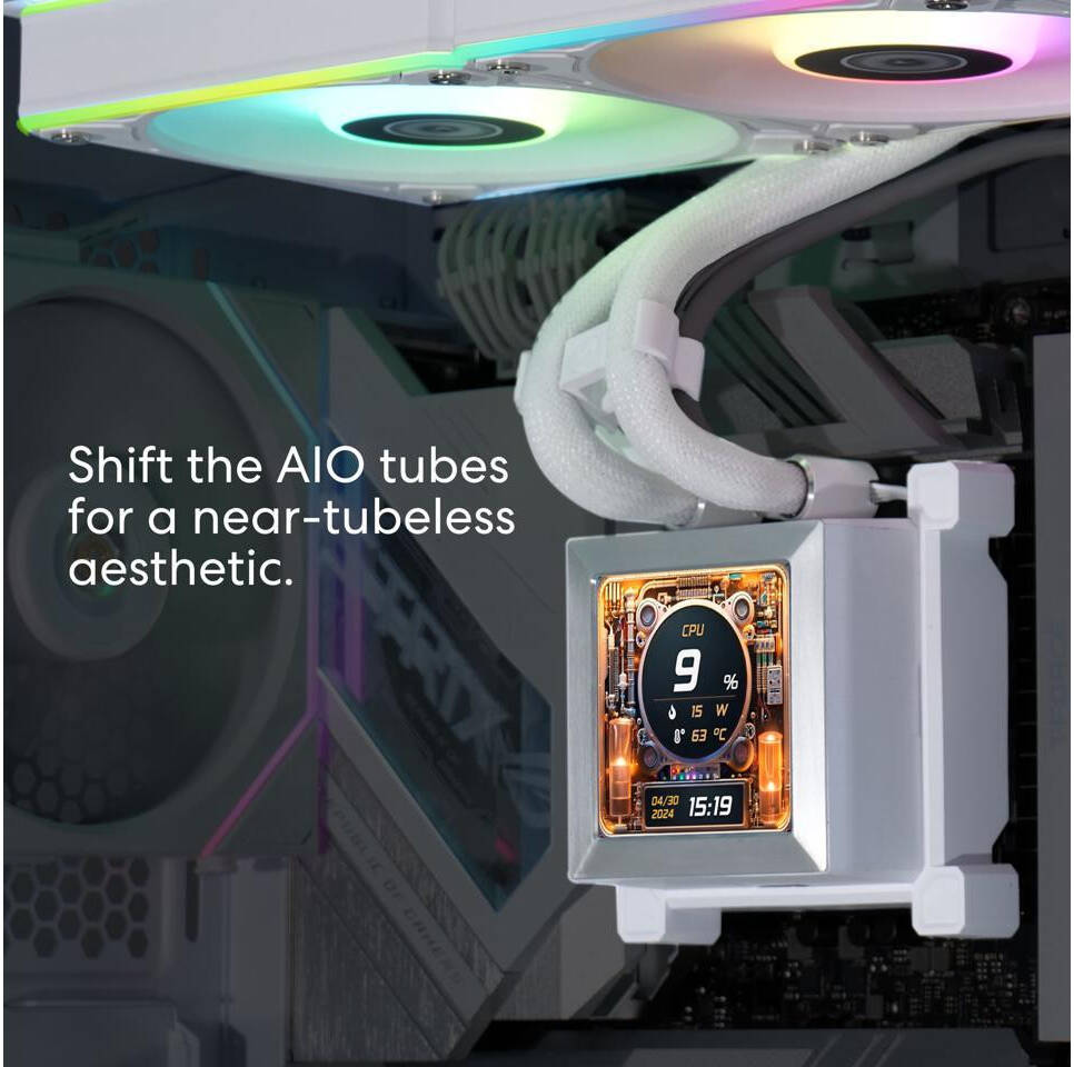 Lian-Li HydroShift LCD 360R AIO Liquid CPU Cooler, 360mm Radiator, 2.88" IPS Display, 3800 RPM Pump Speed, 2400 RPM Fan Speed, 79.9 CFM Airflow, FBD Bearing Type, White.
