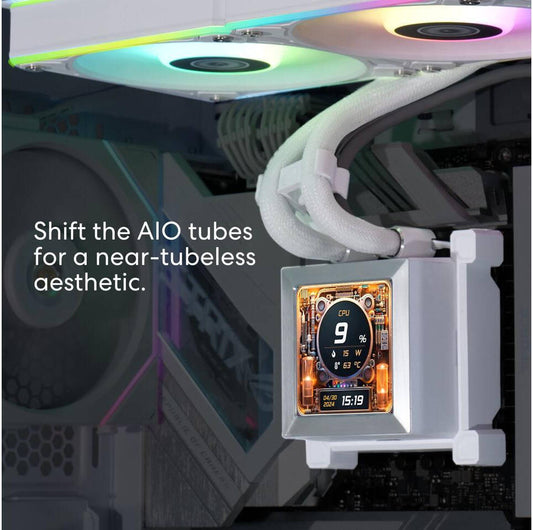 Lian-Li HydroShift LCD 360R AIO Liquid CPU Cooler, 360mm Radiator, 2.88" IPS Display, 3800 RPM Pump Speed, 2400 RPM Fan Speed, 79.9 CFM Airflow, FBD Bearing Type, White.