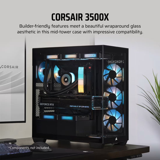 Corsair 3500X Mid-Tower Computer Case, Compatible With Hidden Connector MOBO's, Up to 360mm Radiator & 10x Fan Support, Tempered Glass Case Window, 1x Type-C, 2x Type-A & Audio In/Out Interface, Black -GC