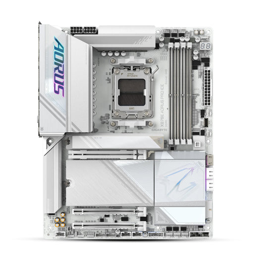 GIGABYTE X870E AORUS PRO ICE ATX Motherboard, AMD X870E Chipset, 4 x DDR5 DIMM Slots, Up to 256GB Memory, Wi-Fi 7 & Bluetooth 5.3, 1 x PCIe 5.0 x16, 4 x M.2 Slots